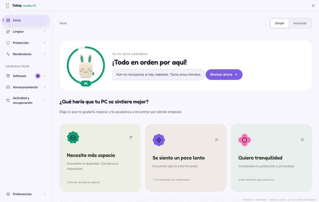 Inicio de Tokkip Healthy PC: Tokkip dentro de un anillo que marca la salud de la PC.